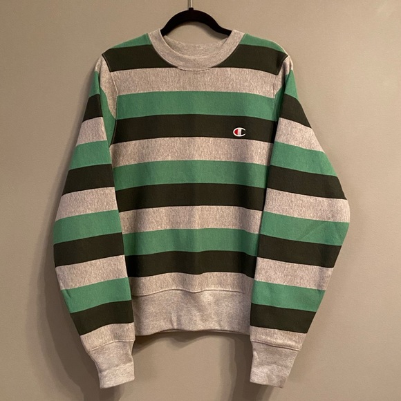 Champion Reverse Weave Gray and Green Striped Sweatshirt, Size Small - Picture 5 of 12